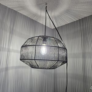 Euc Modern Black Wire Hanging Light. 9ft Cord, Has Newer Bulb.